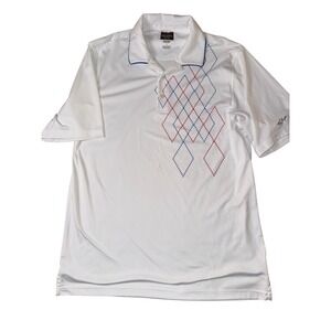 Greg Norman‎ Play Dry Tek Polo Shirt Mens L White Red Blue Argyle Golf